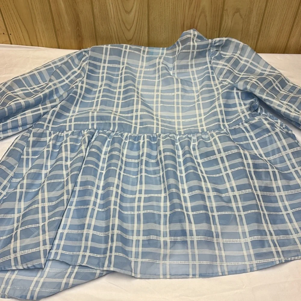 Blue Plaid V-Neck Blouse - Picture 5 of 6